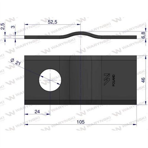 Nóż. nożyk kosiarka gięty 105x46x3mm otwór 21 zastosowanie CM120 Vicon Kverneland WARYŃSKI ( sprzedawane po 25 )