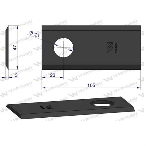 Nóż, nożyk kosiarka 105X47X3mm otwór 21 zastosowanie CM15 PZ Vicon Kverneland WARYŃSKI ( sprzedawane po 25 )