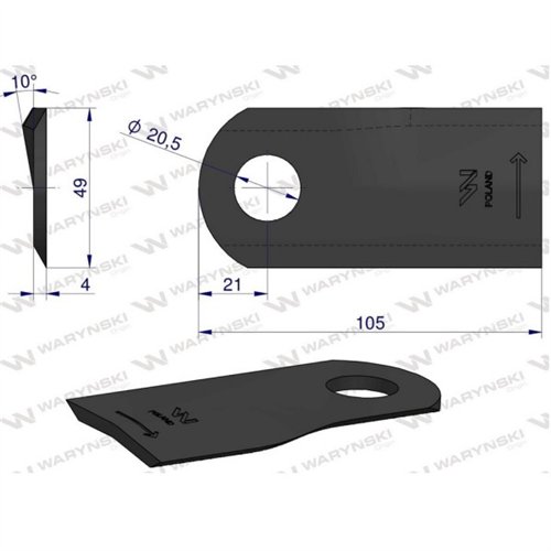 Nóż. nożyk kosiarka lewy 105x47x4mm otwór 20.5 zastosowanie 6802970 Kuhn WARYŃSKI ( sprzedawane po 25 )