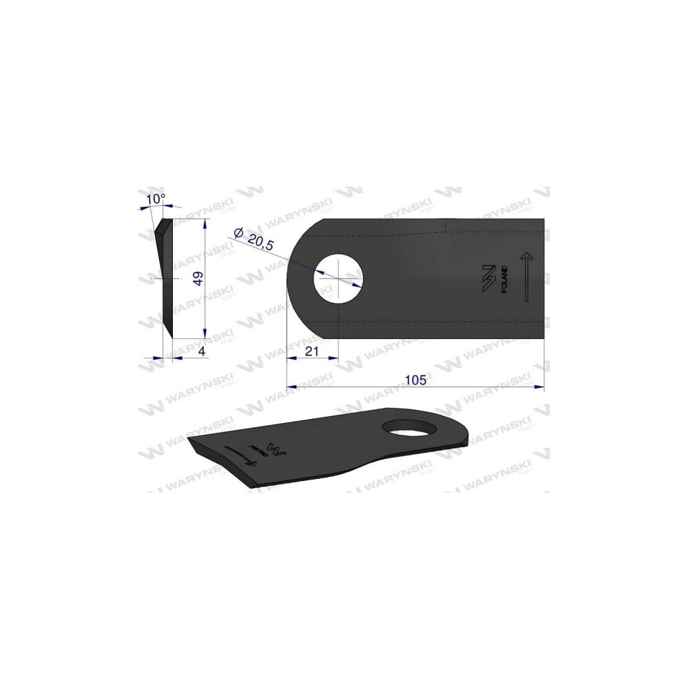 Nóż. nożyk kosiarka lewy 105x47x4mm otwór 20.5 zastosowanie 6802970 Kuhn WARYŃSKI ( sprzedawane po 25 )