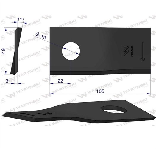 Nóż, nożyk kosiarka 105X48X3X19 prawy zastosowanie 9041778 Niemeyer WARYŃSKI ( sprzedawane po 25 )