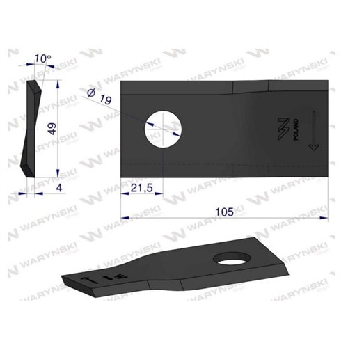 Nóż. nożyk kosiarka prawy 105x48x4mm otwór 19 zastosowanie 9492422 Claas WARYŃSKI ( sprzedawane po 25 )