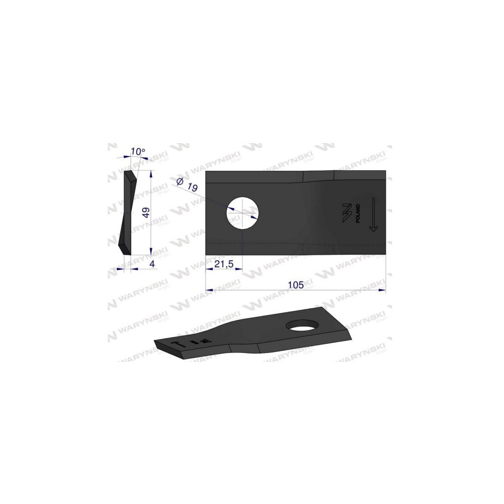 Nóż. nożyk kosiarka prawy 105x48x4mm otwór 19 zastosowanie 9492422 Claas WARYŃSKI ( sprzedawane po 25 )