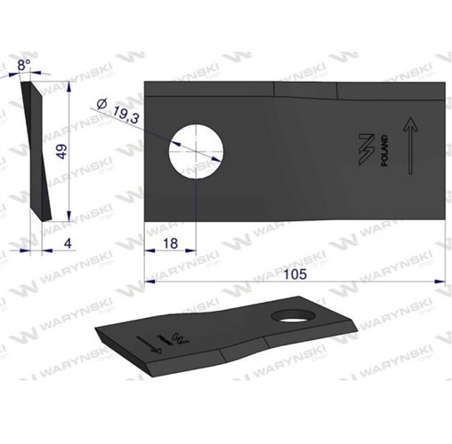 Nóż, nożyk kosiarka 105X49X4X19,3 zastosowanie Samasz BRZW (opak 12xL+12xP) WARYŃSKI ( sprzedawane po 24 )