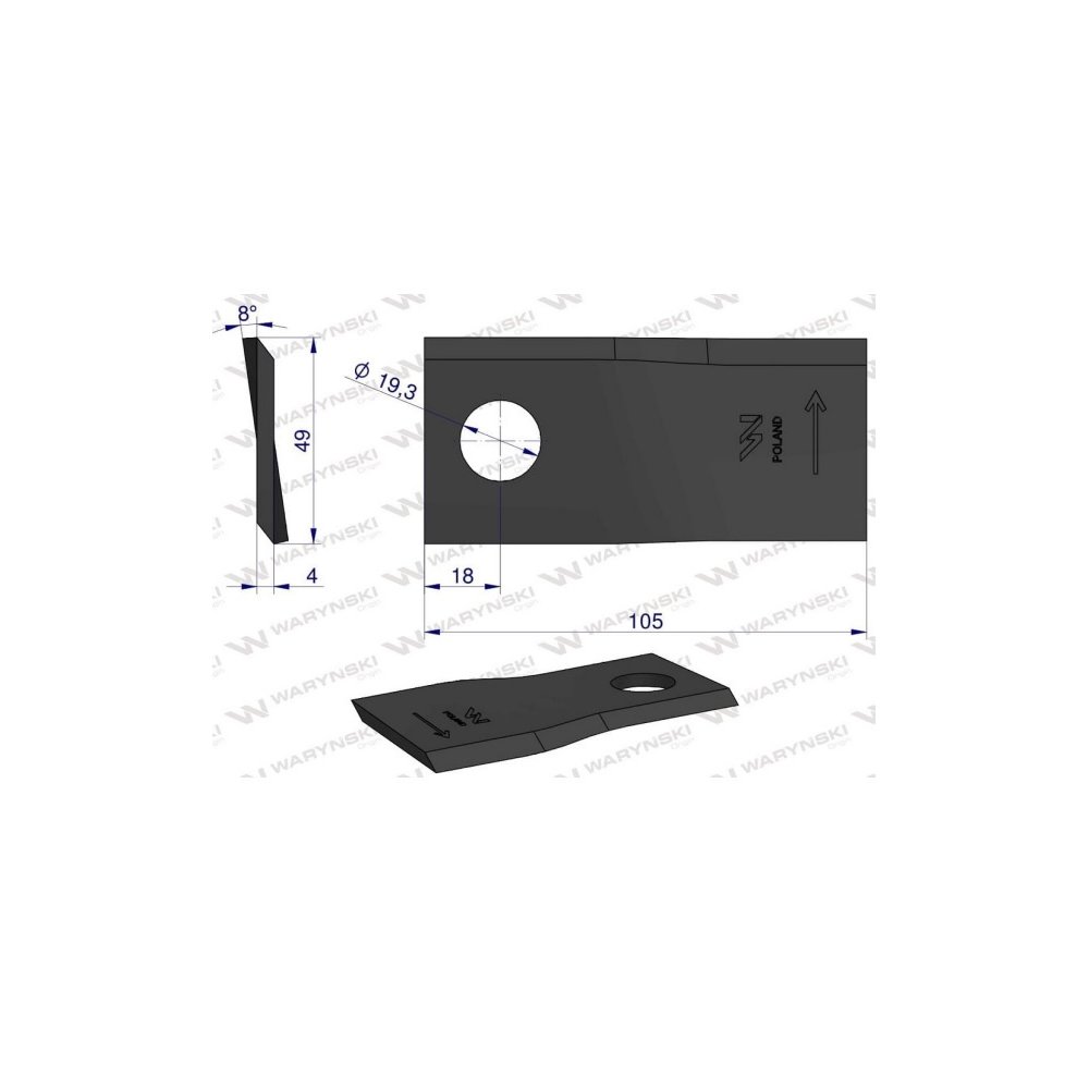 Nóż, nożyk kosiarka 105X49X4X19,3 zastosowanie Samasz BRZW (opak 12xL+12xP) WARYŃSKI ( sprzedawane po 24 )