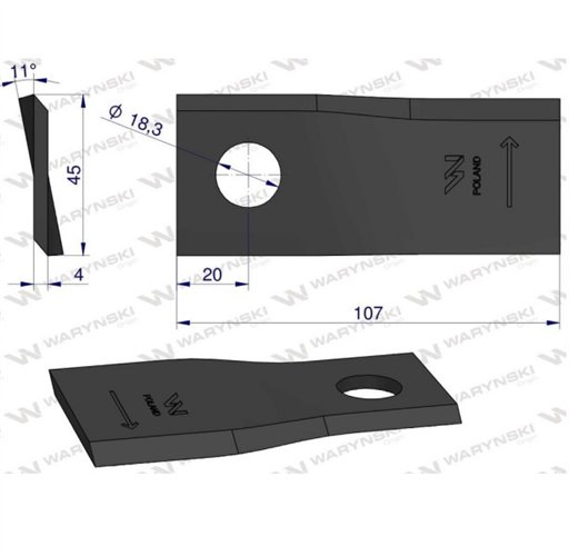 Nóż, nożyk kosiarka 107X45X4X18,2 lewy zastosowanie 55903210 Kuhn WARYŃSKI ( sprzedawane po 25 )