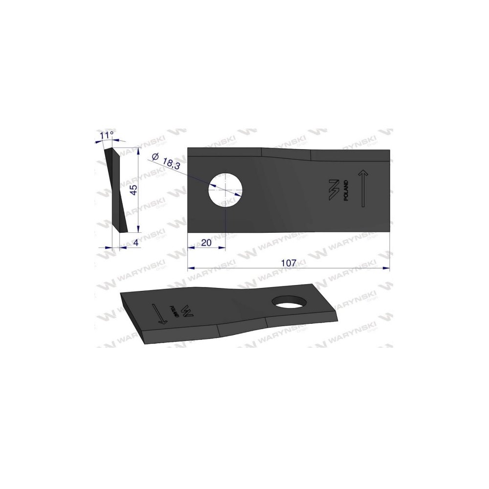 Nóż, nożyk kosiarka 107X45X4X18,2 lewy zastosowanie 55903210 Kuhn WARYŃSKI ( sprzedawane po 25 )