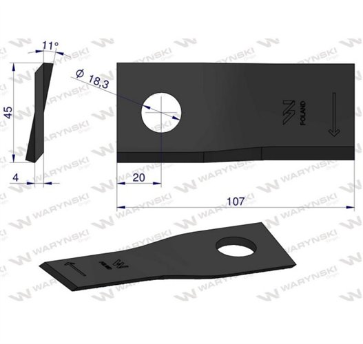 Nóż, nożyk kosiarka 107X45X4X18,2 prawy zastosowanie 55903310 Kuhn WARYŃSKI ( sprzedawane po 25 )