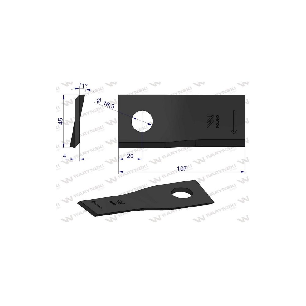 Nóż, nożyk kosiarka 107X45X4X18,2 prawy zastosowanie 55903310 Kuhn WARYŃSKI ( sprzedawane po 25 )