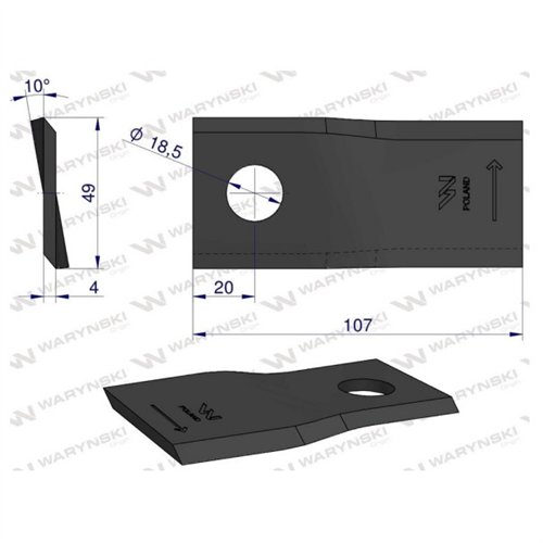 Nóż. nożyk kosiarka lewy 107x48x4mm otwór 18.5 zastosowanie 90261559 99361559 Vicon WARYŃSKI ( sprzedawane po 25 )