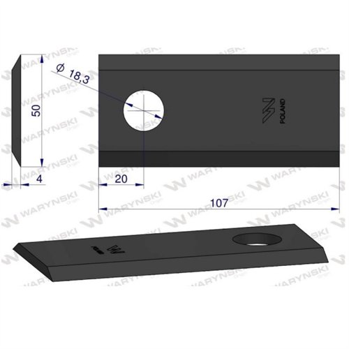 Nóż, nożyk kosiarka 107X50X4mm otwór 18.25 zastosowanie XD 570 PZ Vicon Kverneland WARYŃSKI ( sprzedawane po 25 )