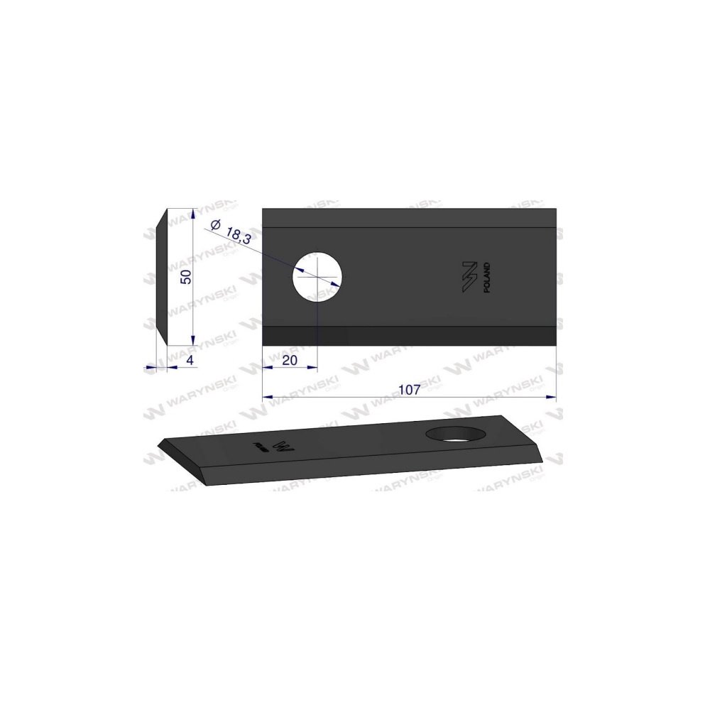 Nóż, nożyk kosiarka 107X50X4mm otwór 18.25 zastosowanie XD 570 PZ Vicon Kverneland WARYŃSKI ( sprzedawane po 25 )