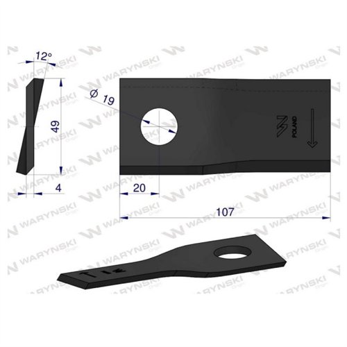 Nóż. nożyk kosiarka prawy 107x50x4mm otwór 19 zastosowanie 13800032 JF-Stoll WARYŃSKI ( sprzedawane po 25 )
