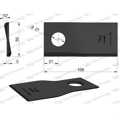 Nóż. nożyk kosiarka lewy 108X50X3mm otwór 21 zastosowanie RF 108/3 Famarol WARYŃSKI ( sprzedawane po 25 )