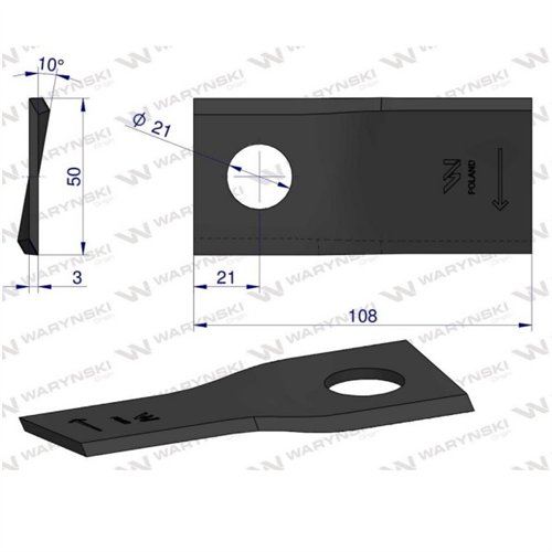 Nóż. nożyk kosiarka prawy 108X50X3mm otwór 21 zastosowanie RF 108/3 Famarol WARYŃSKI ( sprzedawane po 25 )