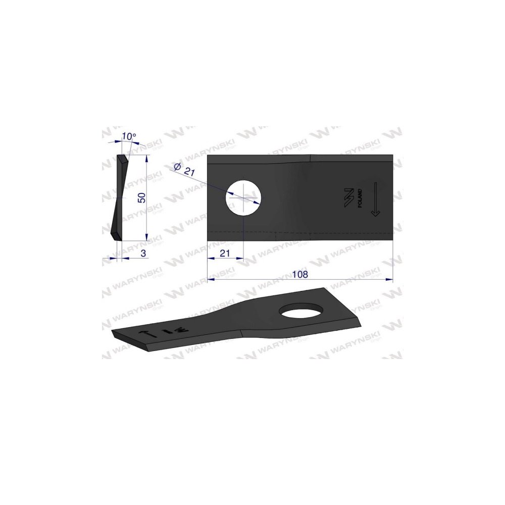 Nóż. nożyk kosiarka prawy 108X50X3mm otwór 21 zastosowanie RF 108/3 Famarol WARYŃSKI ( sprzedawane po 25 )