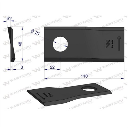 Nóż. nożyk kosiarka lewy 110x48x3mm otwór 21 zastosowanie 108L Galfre WARYŃSKI ( sprzedawane po 25 )