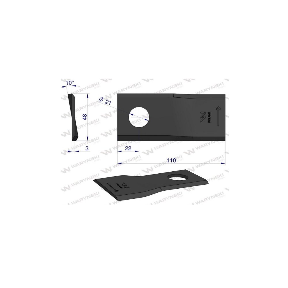 Nóż. nożyk kosiarka lewy 110x48x3mm otwór 21 zastosowanie 108L Galfre WARYŃSKI ( sprzedawane po 25 )