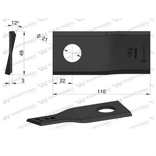 Nóż. nożyk kosiarka prawy 110x48x3mm otwór 21 zastosowanie 1058730 Claas WARYŃSKI ( sprzedawane po 25 )