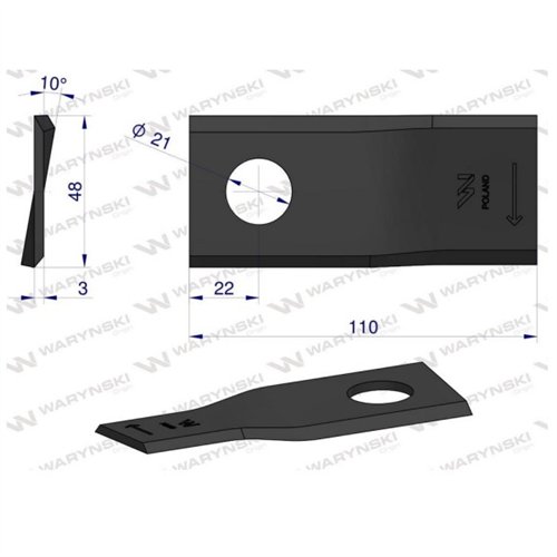 Nóż. nożyk kosiarka prawy 110x48x3mm otwór 21 zastosowanie 108P Galfre WARYŃSKI ( sprzedawane po 25 )