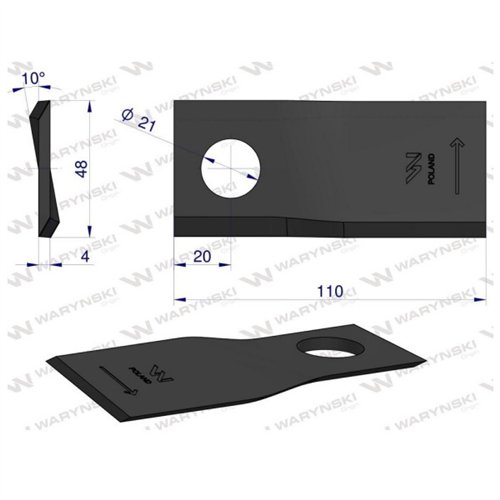 Nóż. nożyk kosiarka lewy 110X48X4mm otwór 21 zastosowanie RF 110/4 Famarol WARYŃSKI ( sprzedawane po 25 )