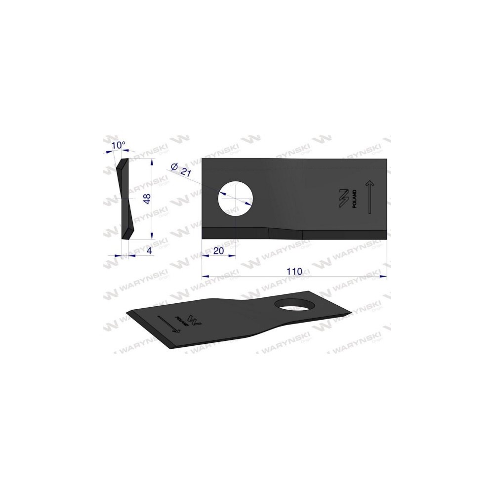 Nóż. nożyk kosiarka lewy 110X48X4mm otwór 21 zastosowanie RF 110/4 Famarol WARYŃSKI ( sprzedawane po 25 )