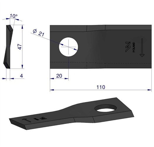 Nóż. nożyk kosiarka prawy 110X48X4mm otwór 21 zastosowanie RF 110/4 Famarol WARYŃSKI ( sprzedawane po 25 )