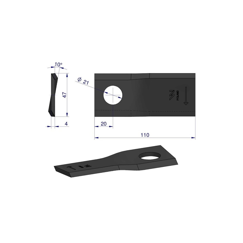 Nóż. nożyk kosiarka prawy 110X48X4mm otwór 21 zastosowanie RF 110/4 Famarol WARYŃSKI ( sprzedawane po 25 )