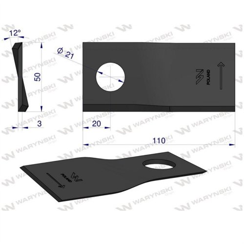 Nóż. nożyk kosiarka lewy 110x50x3mm otwór 21 zastosowanie 4047016 Galfre WARYŃSKI ( sprzedawane po 25 )