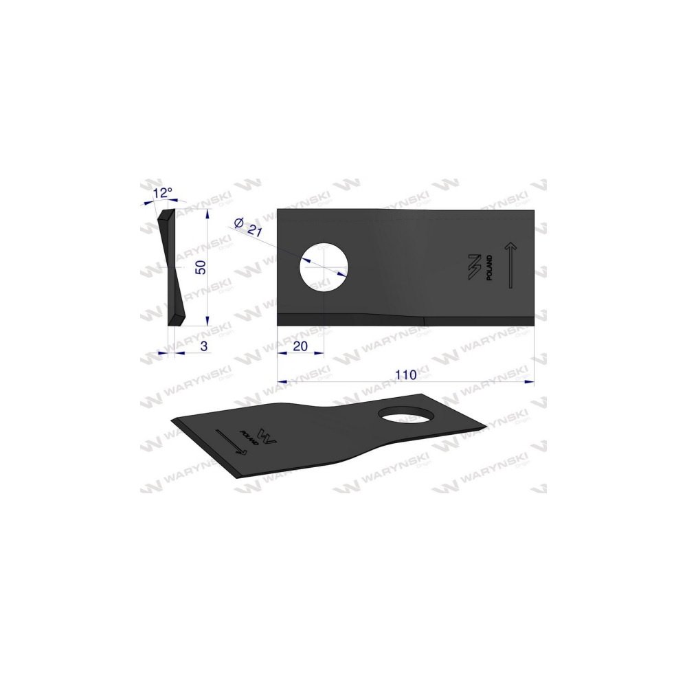 Nóż. nożyk kosiarka lewy 110x50x3mm otwór 21 zastosowanie 4047016 Galfre WARYŃSKI ( sprzedawane po 25 )