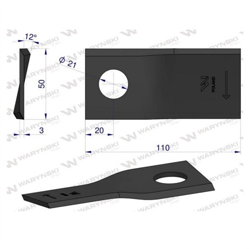 Nóż. nożyk kosiarka prawy 110x50x3mm otwór 21 zastosowanie 4047015 Galfre WARYŃSKI ( sprzedawane po 25 )