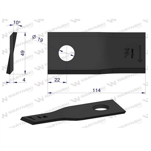 Nóż. nożyk kosiarka prawy 114x48x4mm otwór 19 zastosowanie 13800015 JF-Stoll WARYŃSKI ( sprzedawane po 25 )
