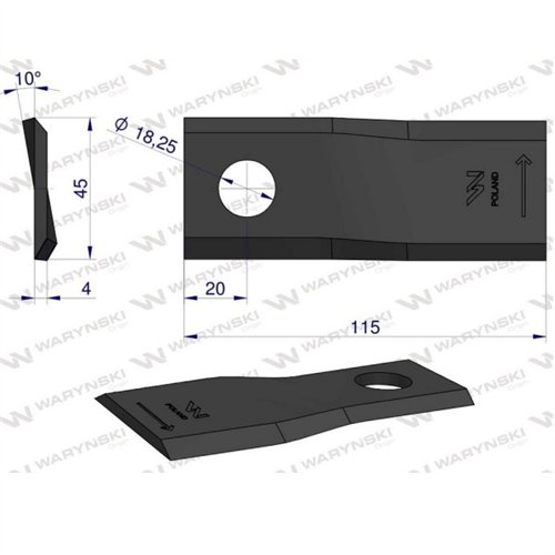 Nóż. nożyk kosiarka lewy 115x45x4mm otwór 18.25 zastosowanie 55906000 CC23499 Kuhn WARYŃSKI ( sprzedawane po 25 )