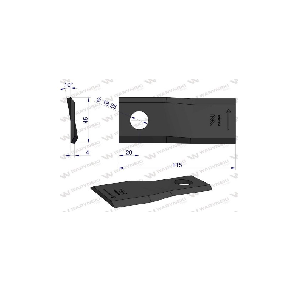 Nóż. nożyk kosiarka lewy 115x45x4mm otwór 18.25 zastosowanie 55906000 CC23499 Kuhn WARYŃSKI ( sprzedawane po 25 )