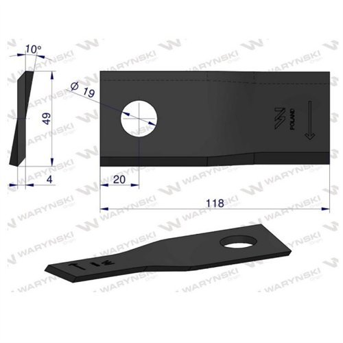 Nóż. nożyk kosiarka prawy 118x48x4mm otwór 19 zastosowanie 133074 Fella WARYŃSKI ( sprzedawane po 25 )
