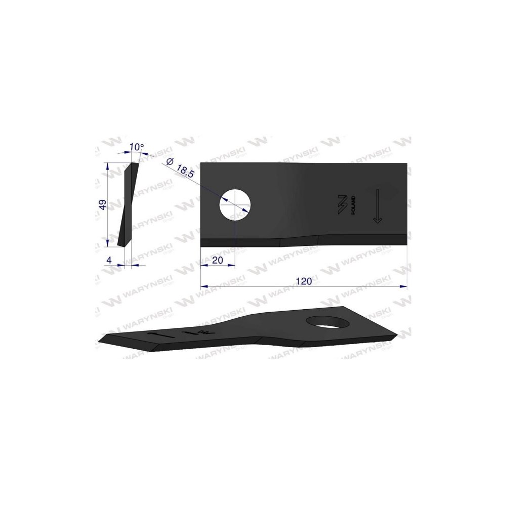 Nóż, nożyk kosiarka 120X48X4X18,5 prawy zastosowanie 111725 Fella WARYŃSKI ( sprzedawane po 25 )