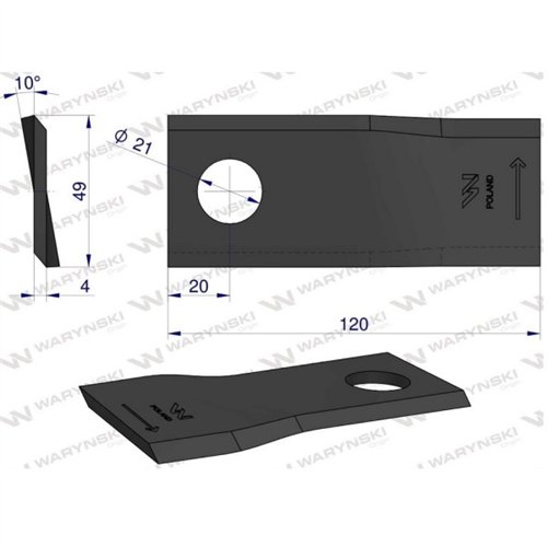 Nóż. nożyk kosiarka lewy 120x49x4mm otwór 21 zastosowanie 434975 Pottinger WARYŃSKI ( sprzedawane po 25 )