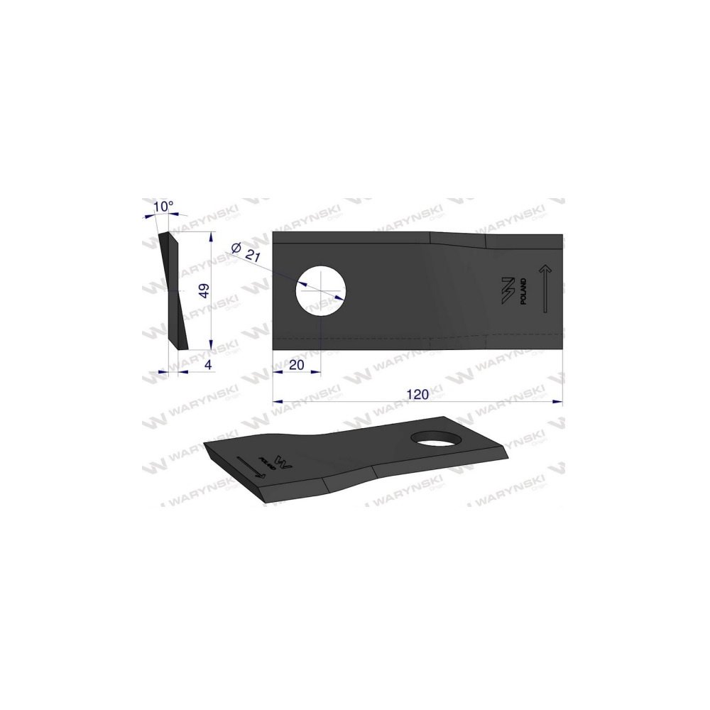 Nóż. nożyk kosiarka lewy 120x49x4mm otwór 21 zastosowanie 434975 Pottinger WARYŃSKI ( sprzedawane po 25 )