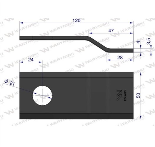 Nóż. nożyk kosiarka gięty 120x50x4mm otwór 21 zastosowanie 434122 Pottinger WARYŃSKI ( sprzedawane po 25 )