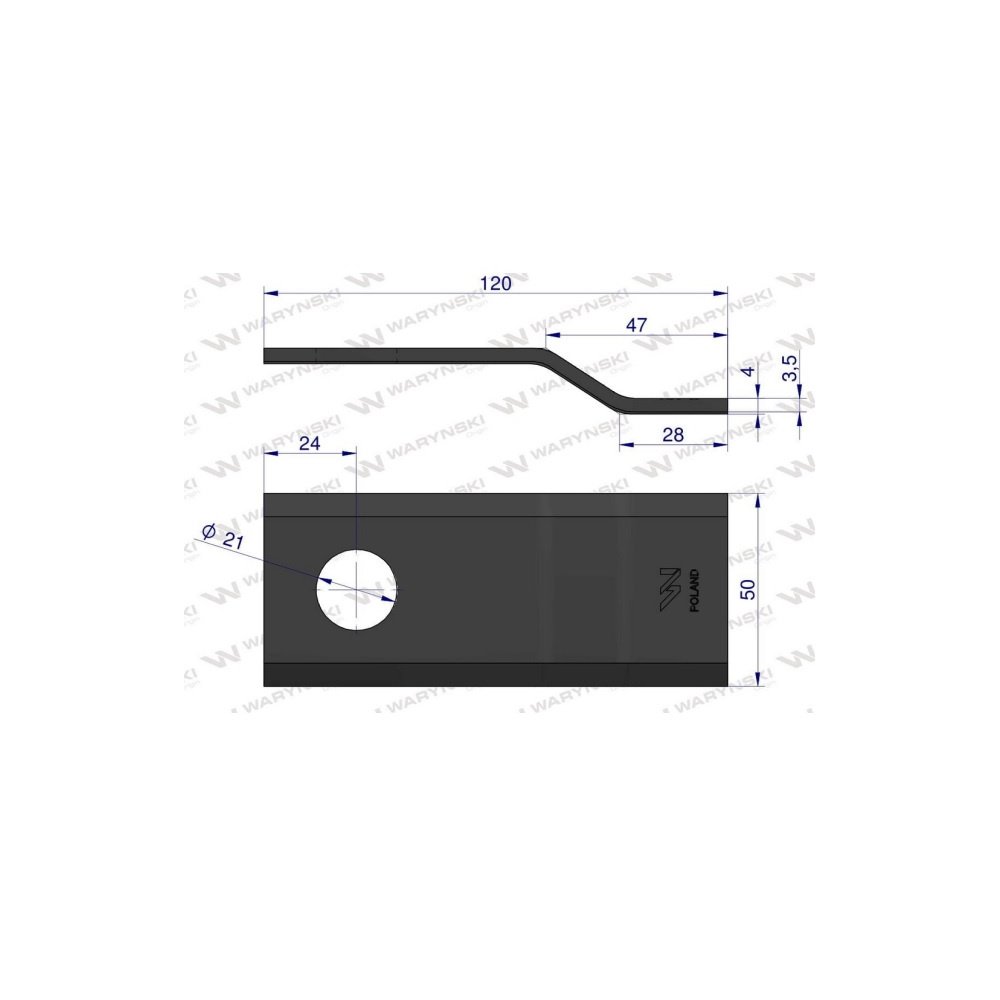 Nóż. nożyk kosiarka gięty 120x50x4mm otwór 21 zastosowanie 434122 Pottinger WARYŃSKI ( sprzedawane po 25 )