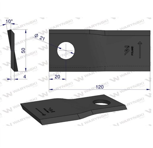 Nóż. nożyk kosiarka lewy 120X50X4mm otwór 21 zastosowanie RF 120/4 Pronar WARYŃSKI ( sprzedawane po 25 )