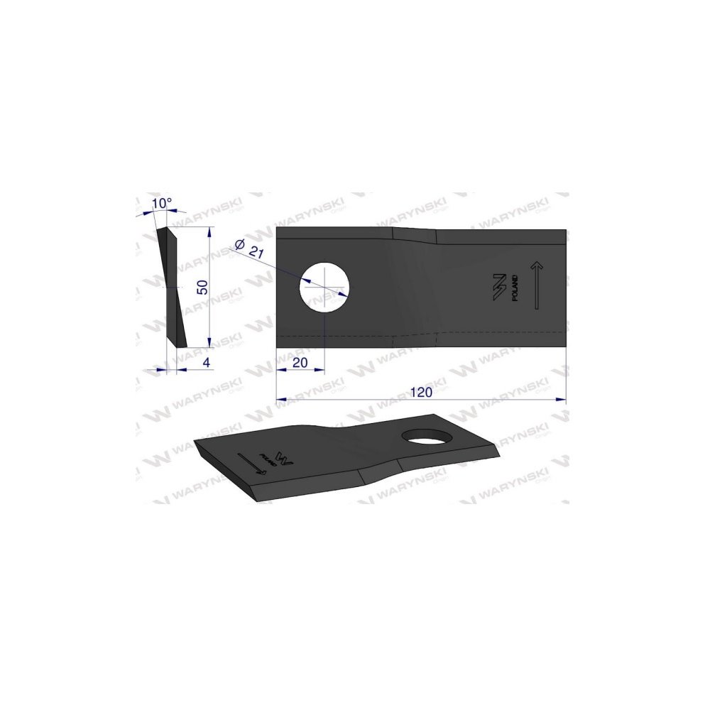 Nóż. nożyk kosiarka lewy 120X50X4mm otwór 21 zastosowanie RF 120/4 Pronar WARYŃSKI ( sprzedawane po 25 )