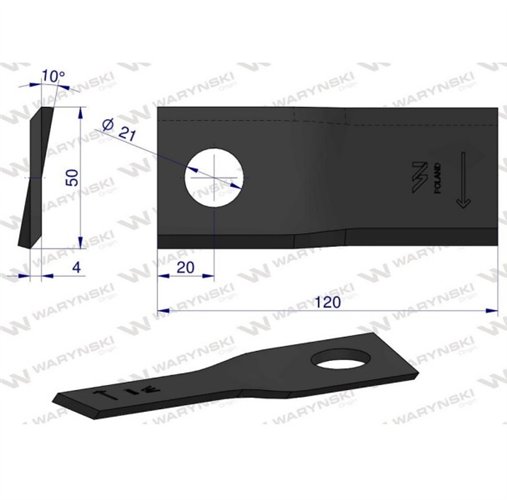 Nóż. nożyk kosiarka prawy 120X50X4mm otwór 21 zastosowanie RF 120/4 Pronar WARYŃSKI ( sprzedawane po 25 )