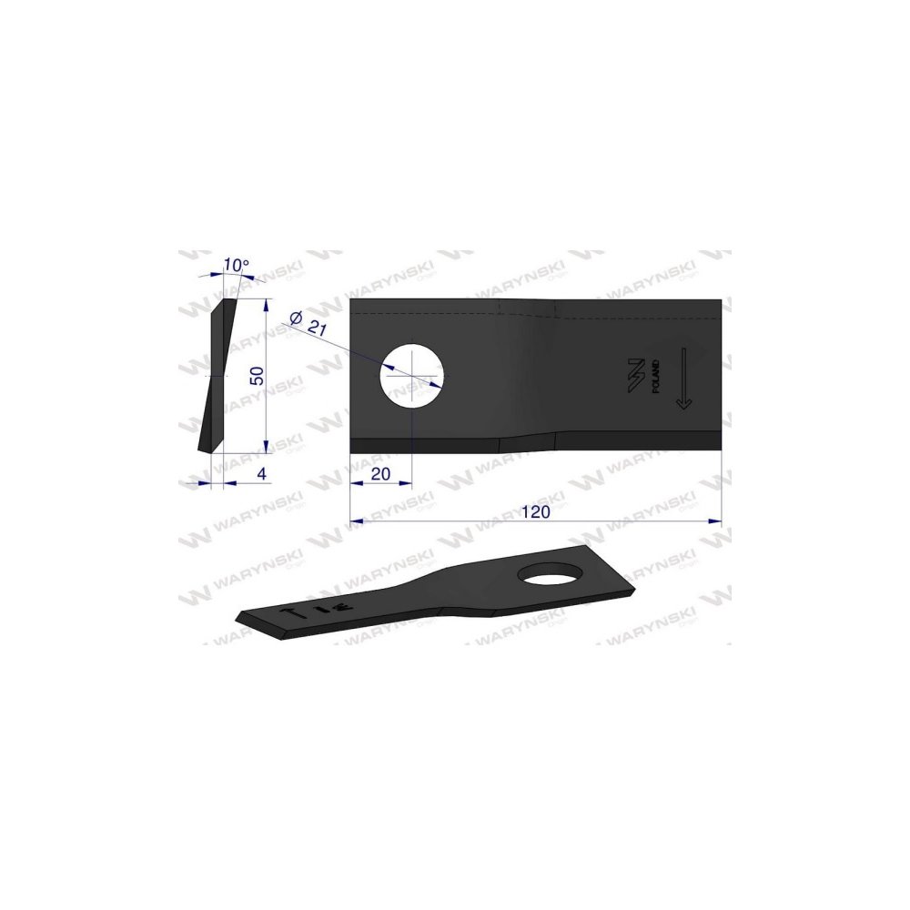 Nóż. nożyk kosiarka prawy 120X50X4mm otwór 21 zastosowanie RF 120/4 Pronar WARYŃSKI ( sprzedawane po 25 )