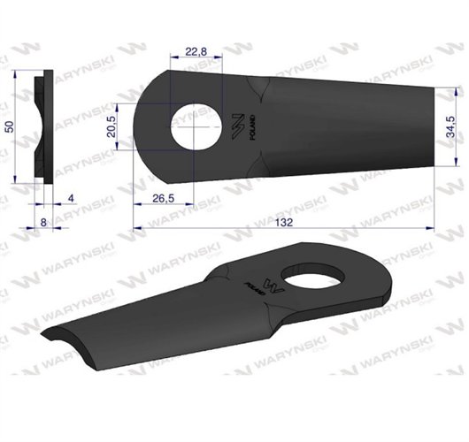 Nóż. nożyk kosiarka gięty 132X50X4mm otwór 20.5x23 zastosowanie 13800013 JF-Stoll WARYŃSKI ( sprzedawane po 25 )