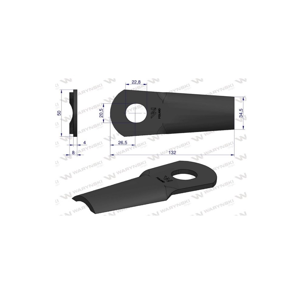 Nóż. nożyk kosiarka gięty 132X50X4mm otwór 20.5x23 zastosowanie 13800013 JF-Stoll WARYŃSKI ( sprzedawane po 25 )