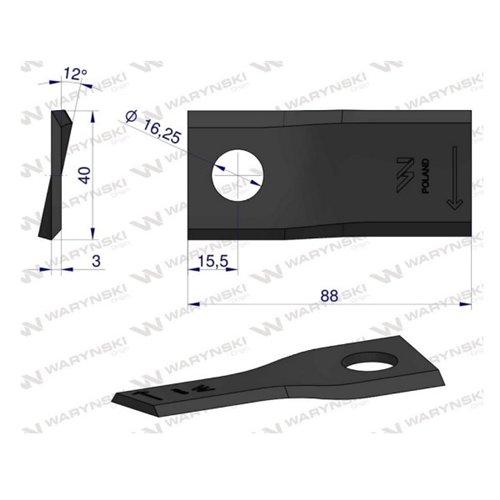 Nóż. nożyk kosiarka prawy 88x40x3mm otwór 16.25 zastosowanie 56151100 Kuhn WARYŃSKI ( sprzedawane po 25 )