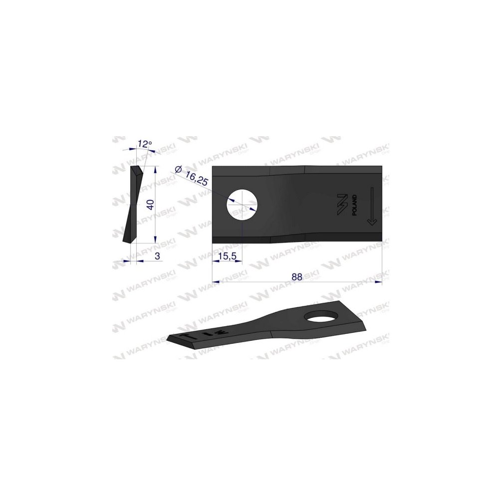 Nóż. nożyk kosiarka prawy 88x40x3mm otwór 16.25 zastosowanie 56151100 Kuhn WARYŃSKI ( sprzedawane po 25 )