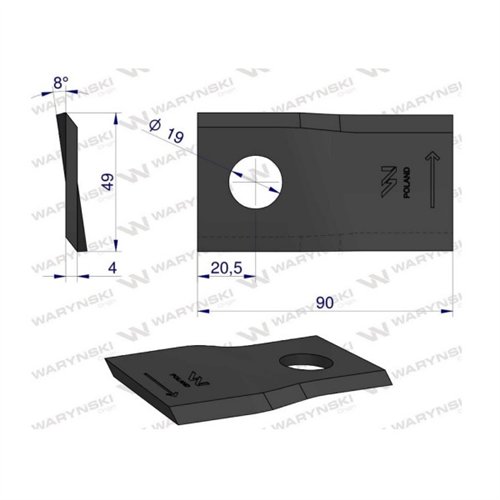 Nóż. nożyk kosiarka lewy 90x48x4mm otwór 19 zastosowanie 1448251 Krone WARYŃSKI ( sprzedawane po 25 )