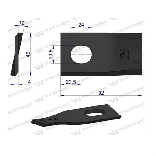 Nóż. nożyk kosiarka prawy 92x48x4mm otwór 20x24 zastosowanie 13800022 JF-Stoll WARYŃSKI ( sprzedawane po 25 )